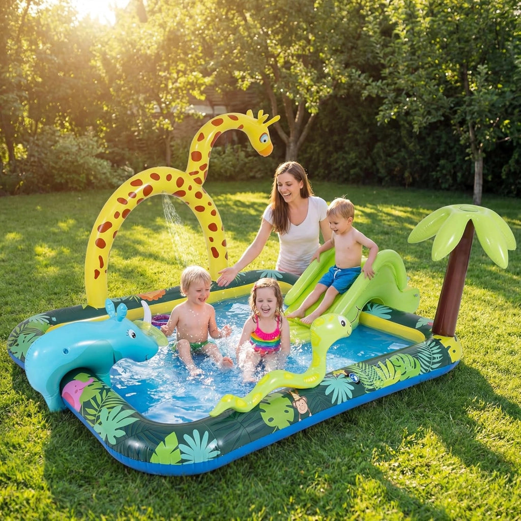 Piscina Gonfiabile Bambini, Parco Giochi Acquatico a Tema Giungla con Scivolo, Irrigatore a Arco, Gioco degli Anelli e 2 Toppe di Riparazione per Bambini 2-6 Anni, 208 x 178 x 138 cm