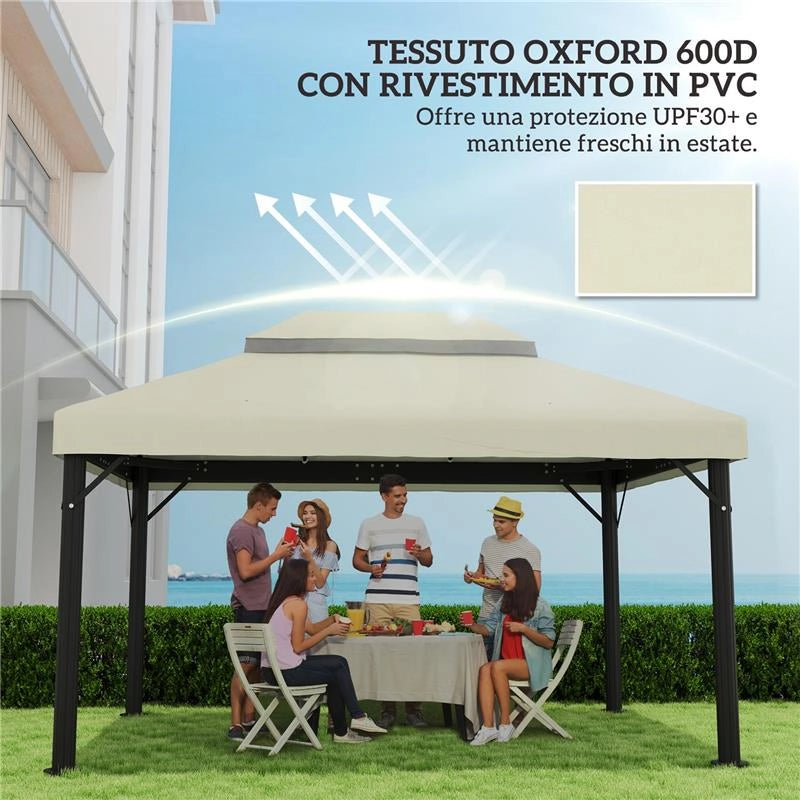 COPERTURA PER GAZEBO DA GIARDINO 3X4 M A 2 LIVELLI IN TESSUTO OXFORD 600D CON FORI DI DRENAGGIO BIANCO CREMA