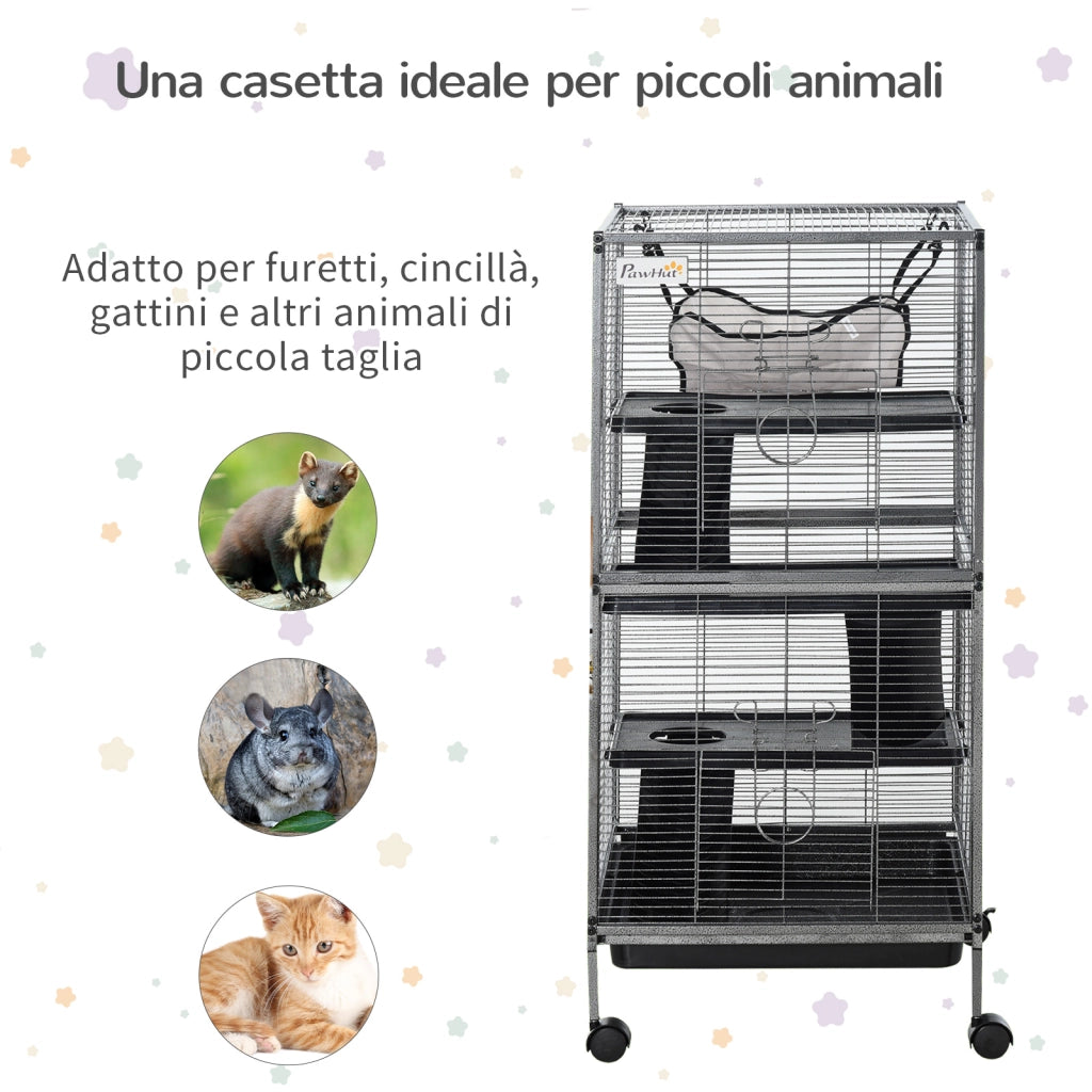 EasyComfort Gabbia per Piccoli Roditori in Acciaio, Gabbietta per Porcellini d'India e Cincillà con 3 Piani, 4 Ruote, Amaca e Vassoio Rimovibile, 52 x 52 x 113.5cm, Grigio Argento