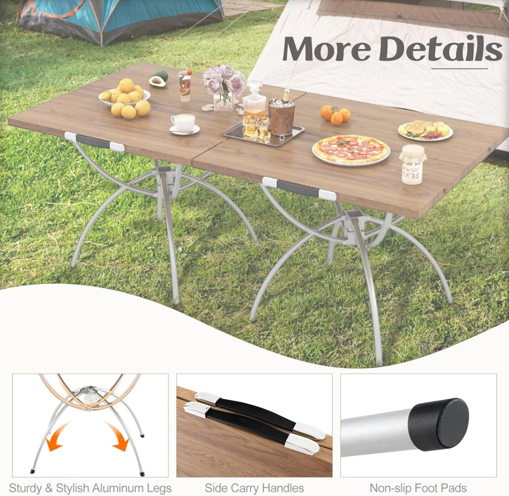 Tavolo da campeggio allungabile 2 in 1, pieghevole, con struttura in alluminio e legno, 120 x 60 cm, con borsa per il trasporto