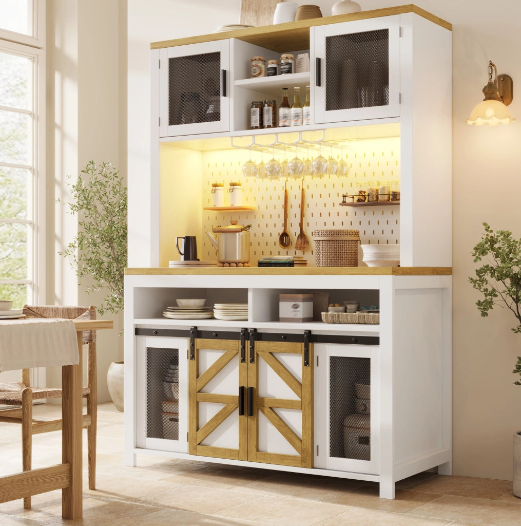 Credenza alta 120x40x174.5 cm con porte scorrevoli e a battente; illuminazione LED; MDF; bianco