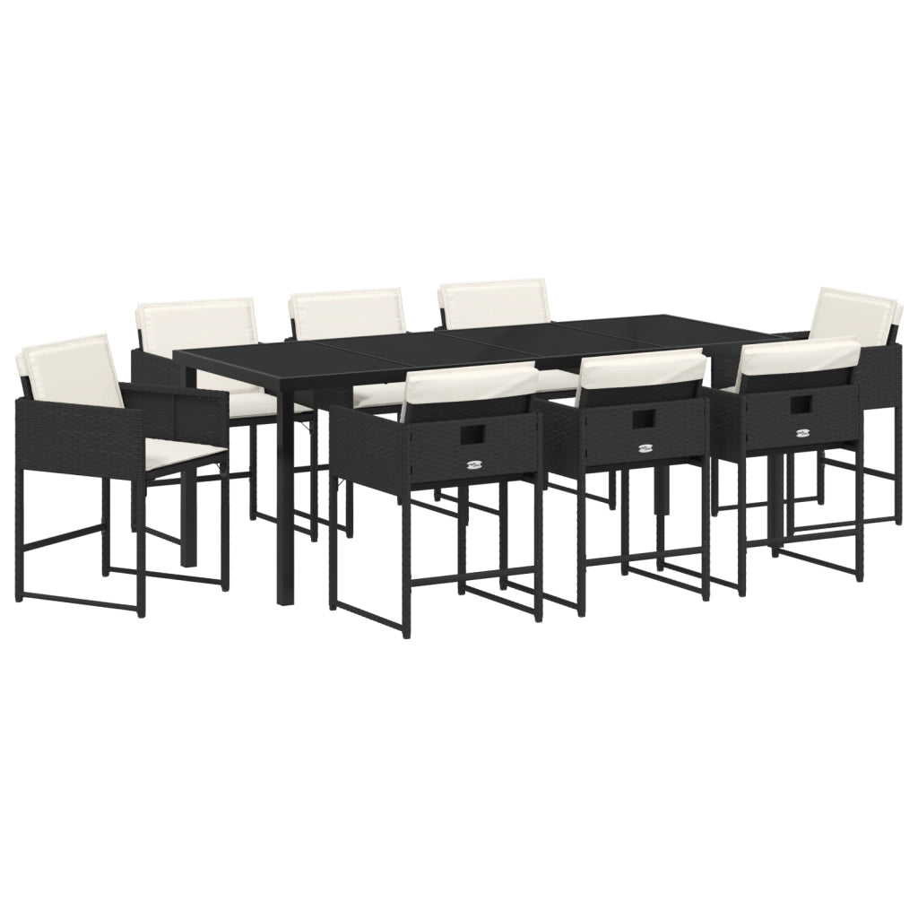 Set da Pranzo in 9 Pezzi con Cuscini - Rattan Polietilenico Nero