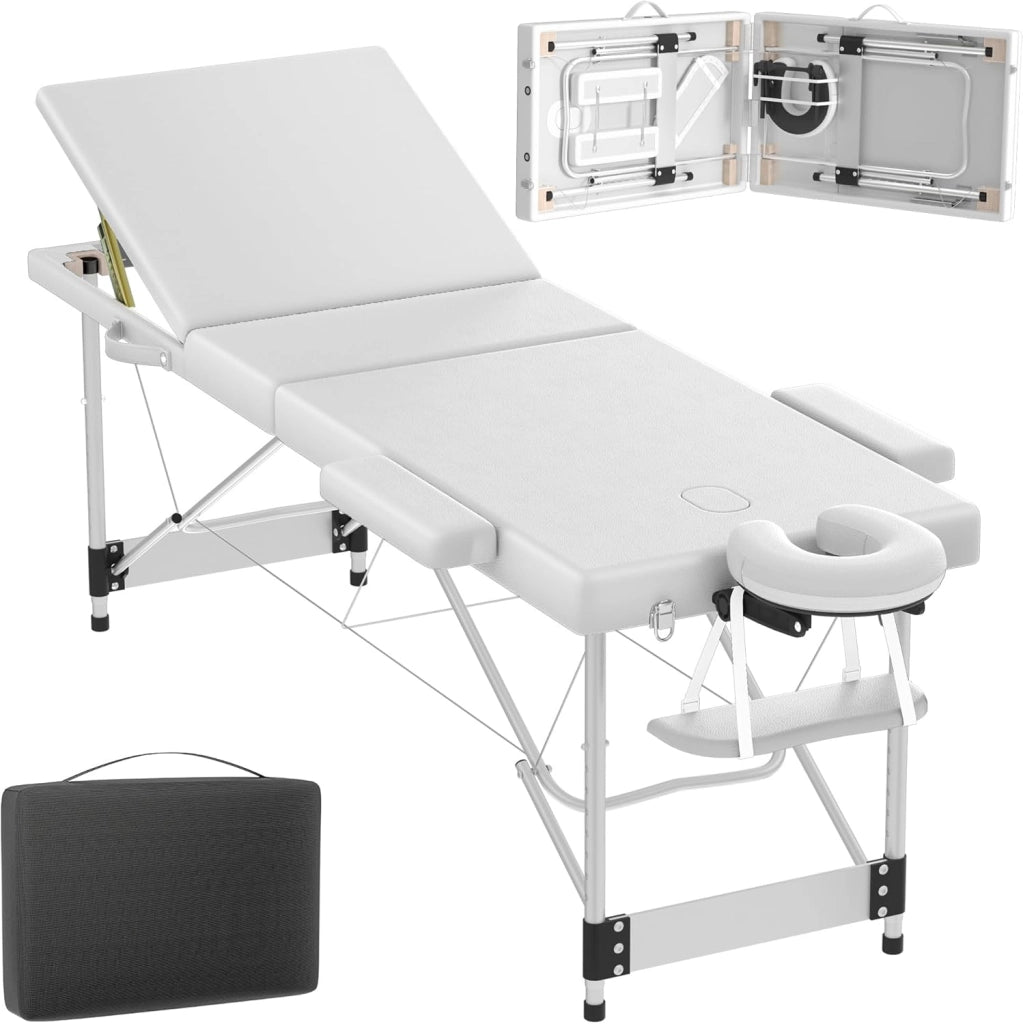 Lettino massaggiante pieghevole a 3 zone, altezza regolabile con braccioli, cuscino viso e custodia, in alluminio, colore: bianco