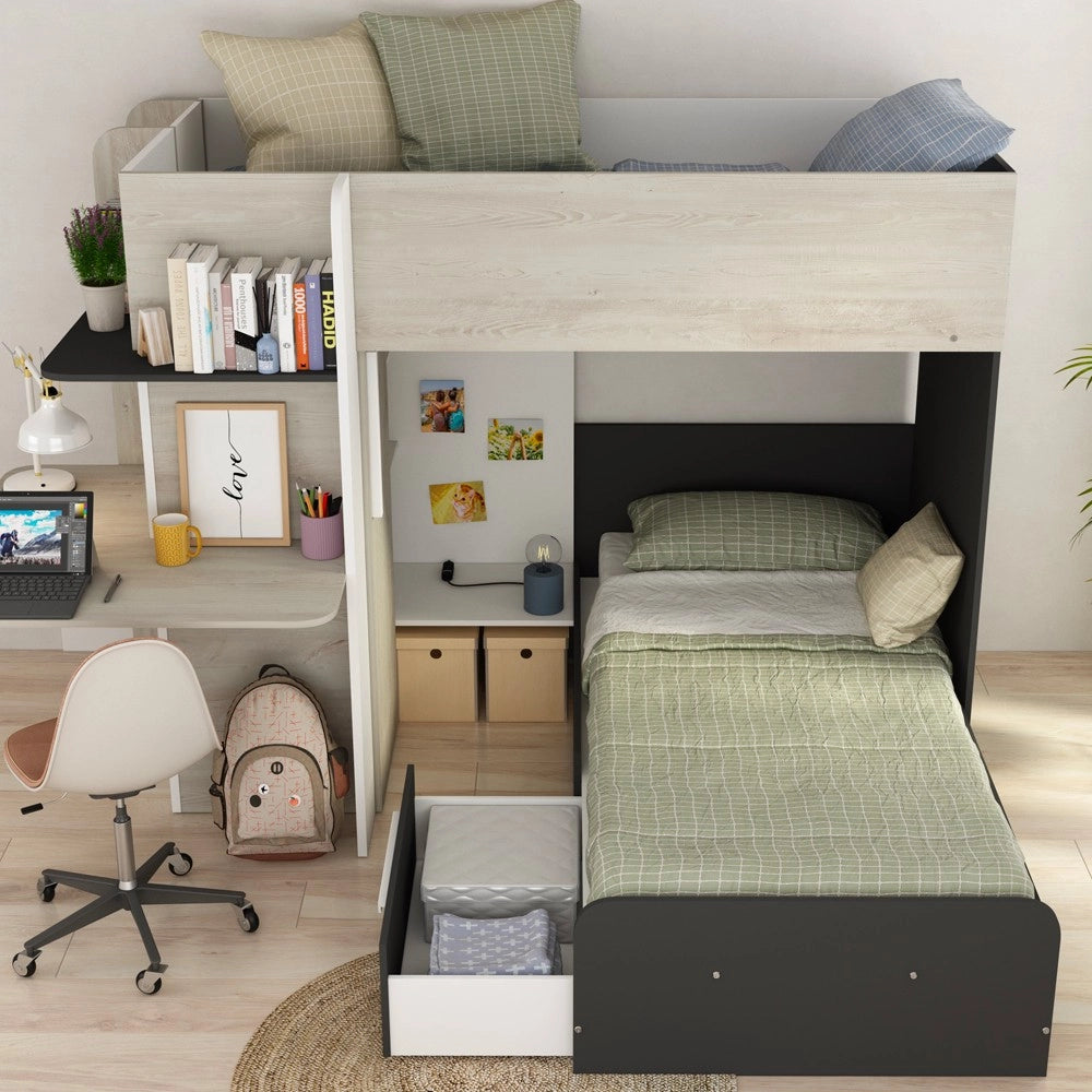 Letto a castello con scrivania 6885 colore bianco vintage antracite