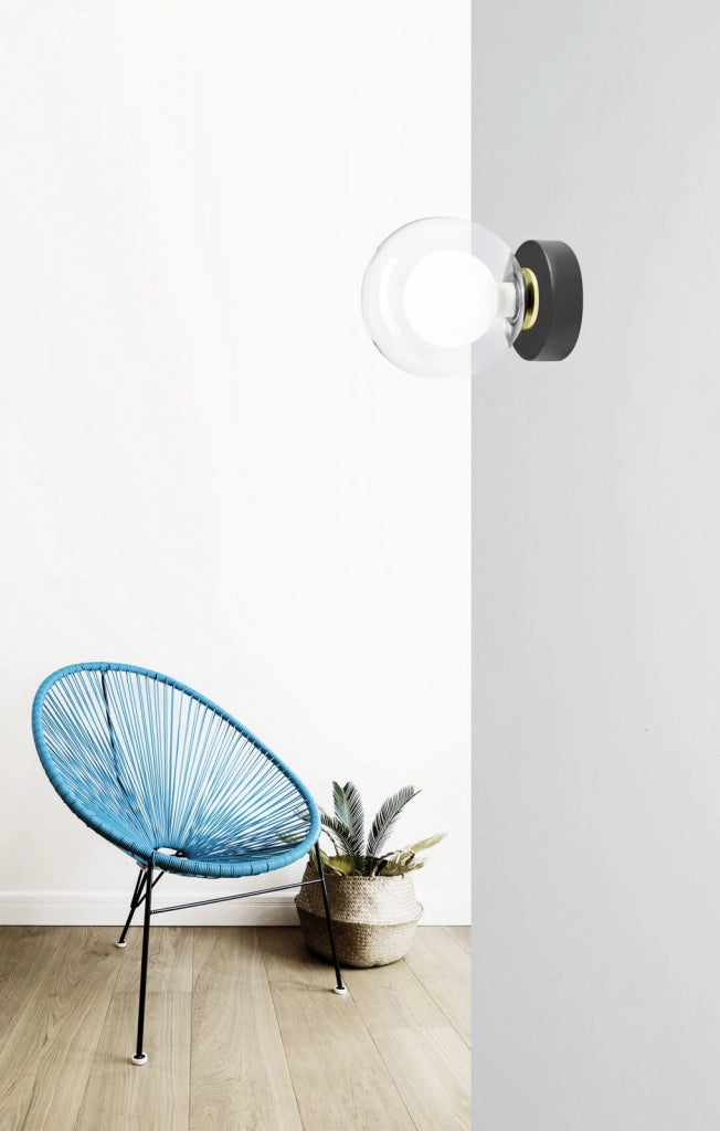 COSMO LAMPADA DA PARETE O SOFFITTO 1 LUCE VETRO TRASPARENTE STRUTTURA NERA PARTICOLARI ORO ATTACCO G9