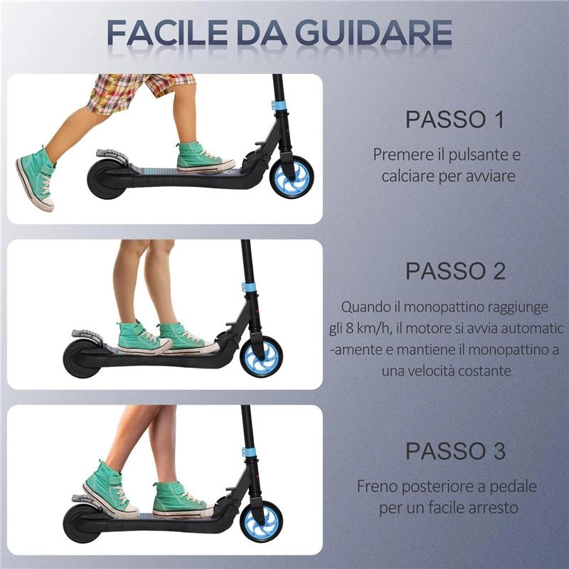 MONOPATTINO ELETTRICO PIEGHEVOLE PER BAMBINI 6+ ANNI AD ALTEZZA REGOLABILE, 71X36.5X75-80 CM, NERO E AZZURRO