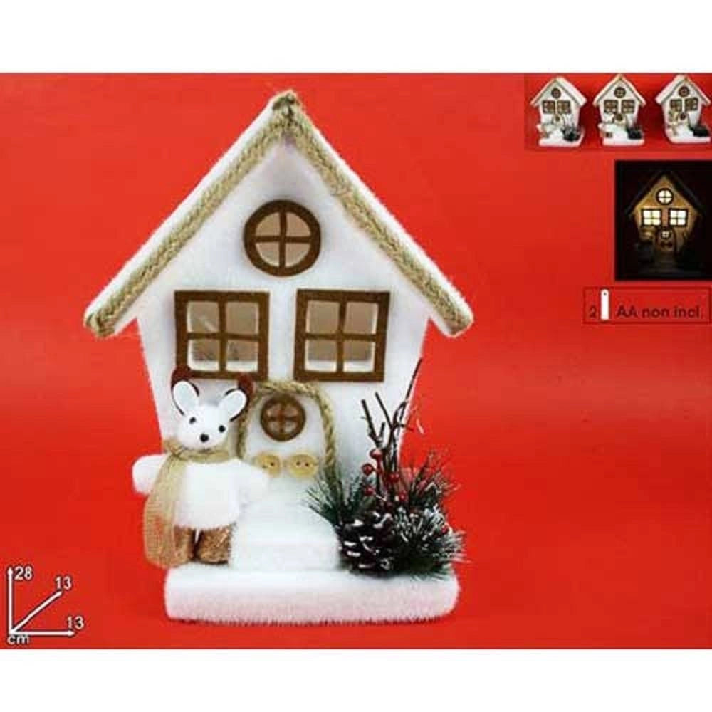 Trade Shop - Casetta Con Soggetto Natalizio E Luci 3 Assortimenti 28cm Decorazioni Natalizie -