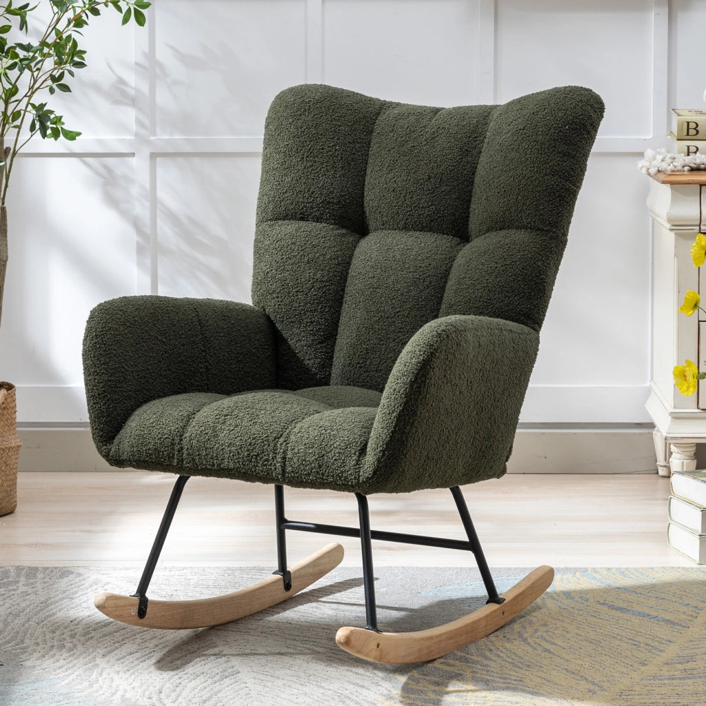Teddy Fabric Rocking Chair with Pocket - Soft Comfy Wingback Goldie Rocking Chair with Safe Solid Wood Base, Dark Green