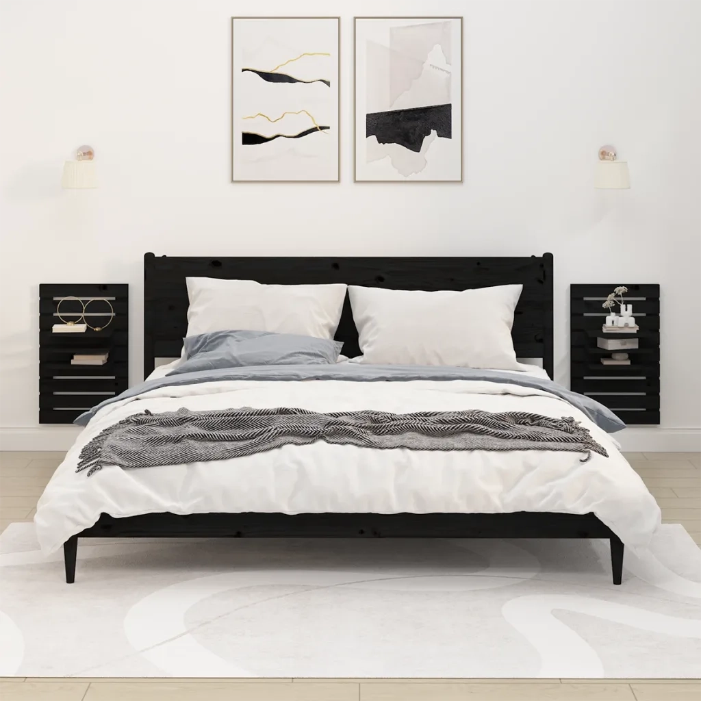 Mensole da Letto a Parete 2 pz Nero Legno Massello di Pino 824767