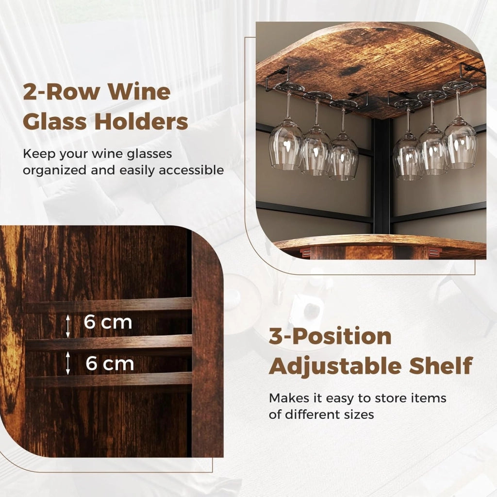 Armadietto Angolare Industriale Da Bar Con Supporto In Vetro, Armadietto Da Vino Con Ripiano Regolabile, Portabottiglie Vino Da Cucina Con Protezione, 130x47,5x47,5 cm (Marrone)