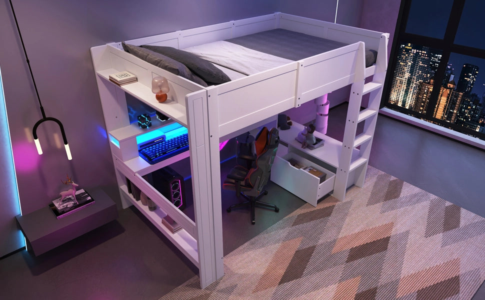 DESMIU Letto a Soppalco Matrimoniale con Scrivania, Cassetto, Mensole e LED 140 × 200 cm, Senza Materasso