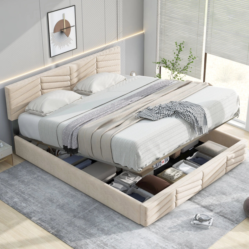 Letto imbottito 140x200 cm con testiera regolabile in velluto beige
