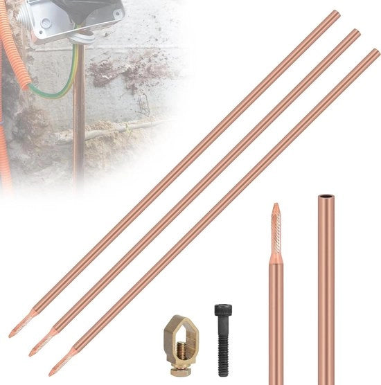 Set di 3 punte di terra con viti e bulloni di accoppiamento - 1m di lunghezza, diametro 17.2mm - acciaio al carbonio con rivestimento di rame rosso