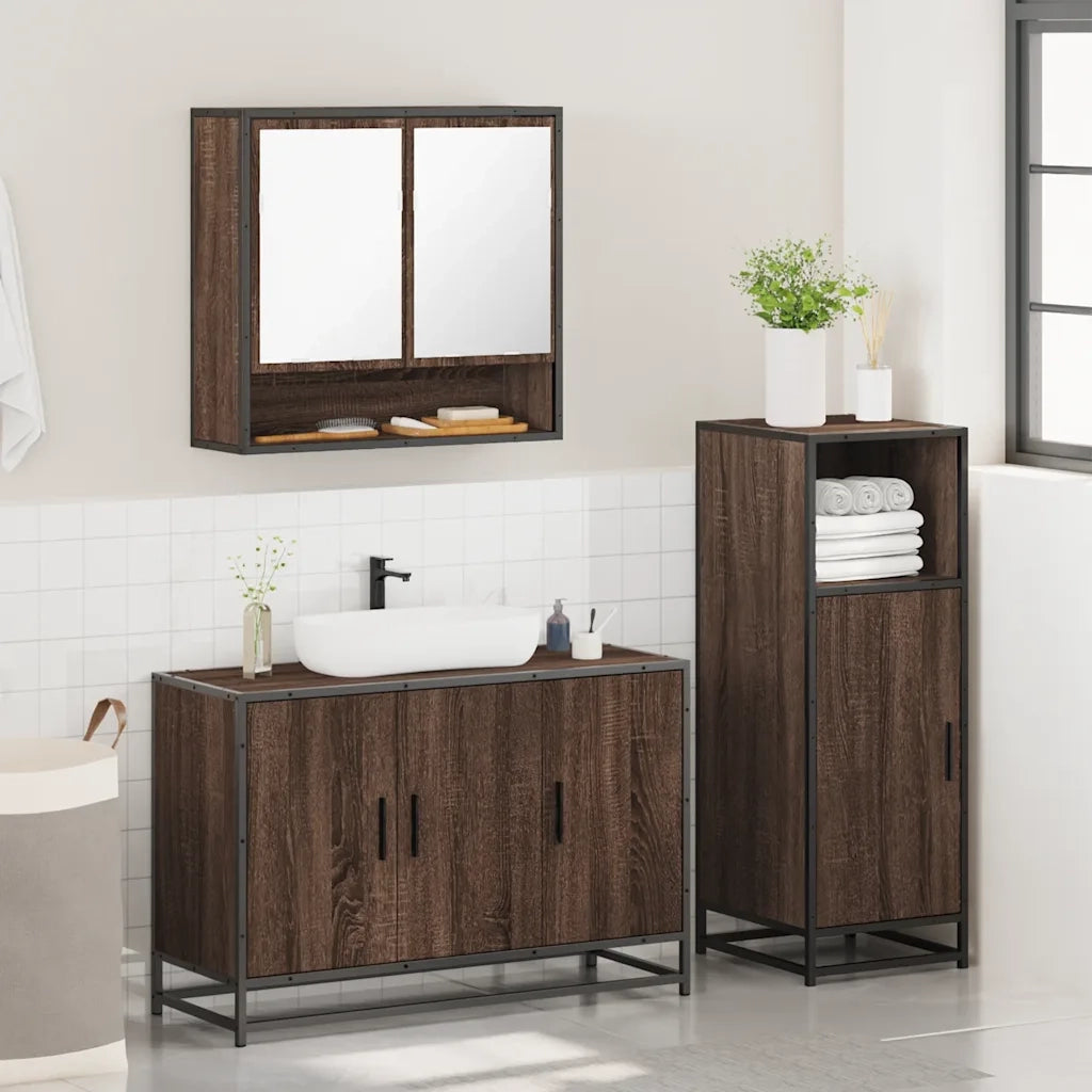 Set Mobili da Bagno 3 pz Rovere Marrone in Legno Multistrato