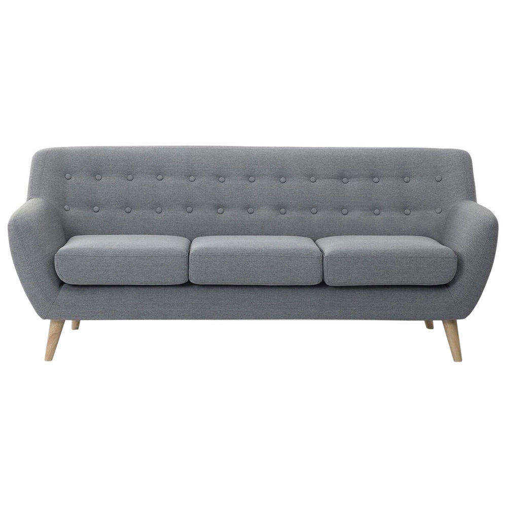 Divano a 3 posti grigio chiaro imbottito con schienale capitonnè gambe in legno chiaro spesso imbottito soggiorno minimalista scandinavo
