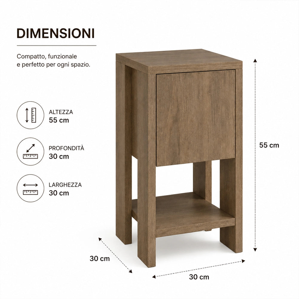 Comodino 30x30x55 cm Mobiletto con Anta a Ribalta e Ripiano in Legno Rovere
