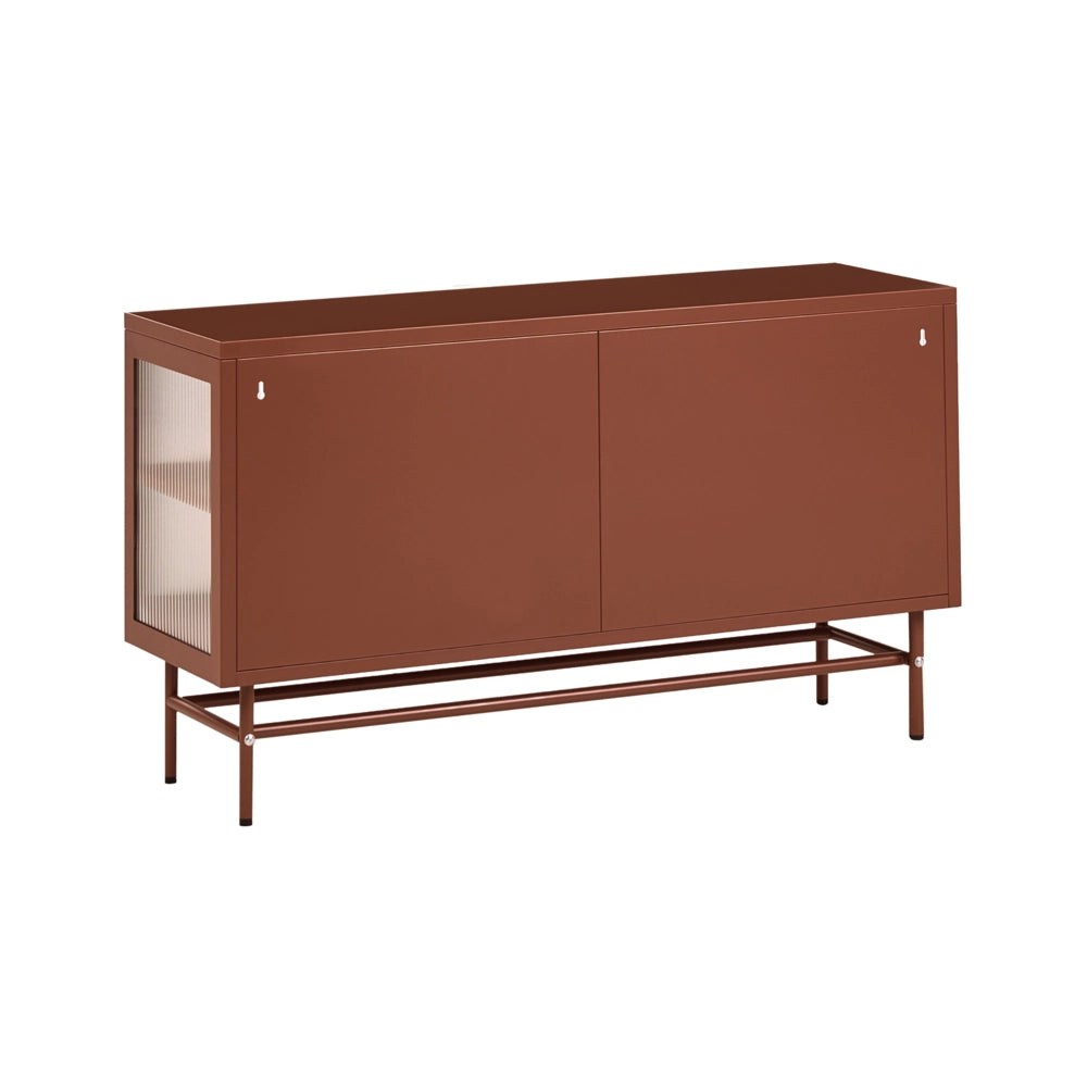 Credenza a 3 ante, acciaio color marrone dorato, vetro temperato scanalato, ripiani regolabili, coprigambe, mobili da soggiorno
