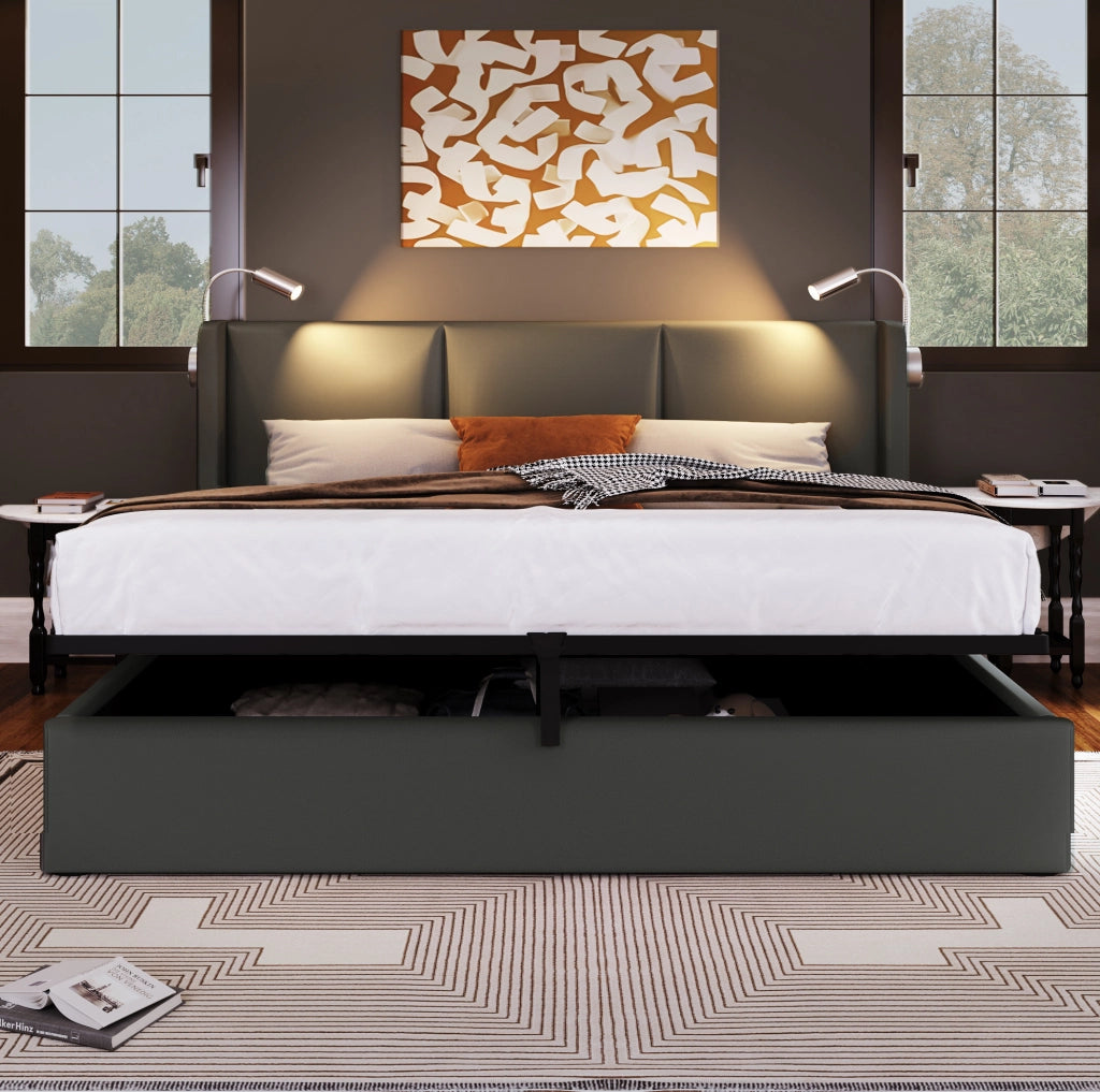 Letto imbottito 140x200 con contenitore; luce da lettura e USB; PU grigio