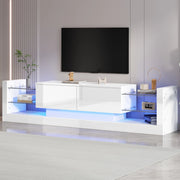 Mobile TV ad alta finitura lucida con illuminazione LED, 181 cm, per TV fino a 80 pollici, frontale in vetro, due cassetti ribaltabili