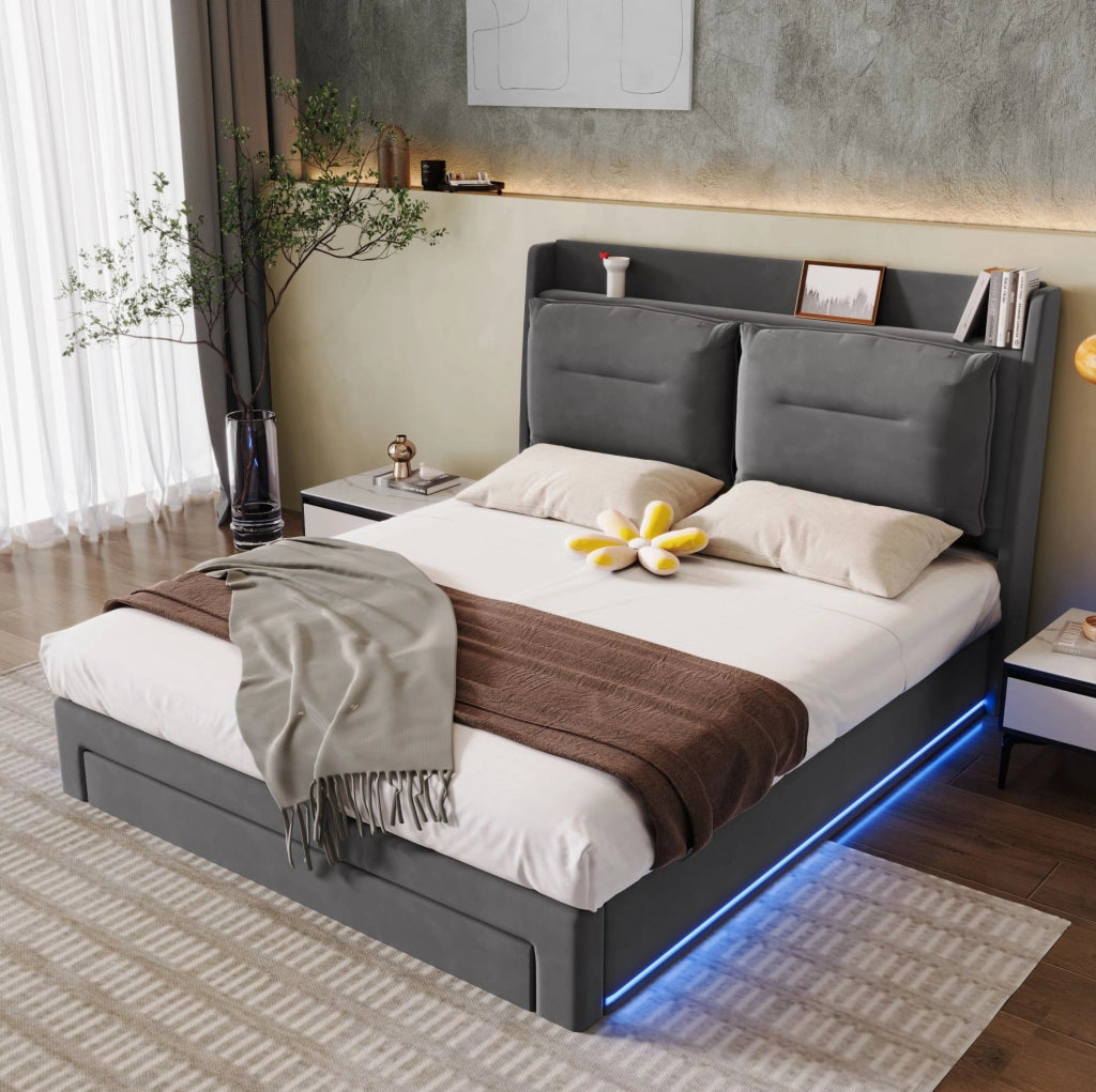 Letto matrimoniale 140x190 cm in velluto grigio scuro con contenitore; LED e testiera imbottita