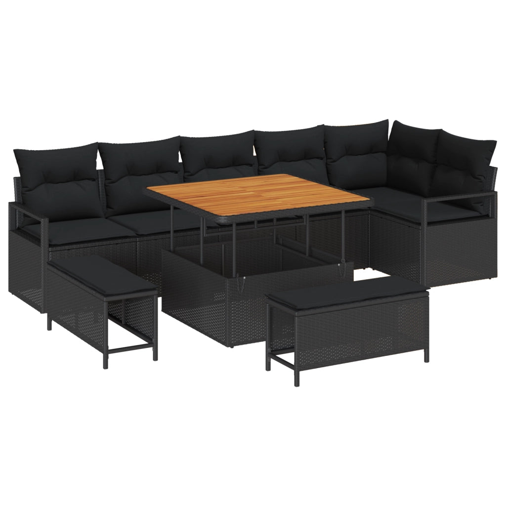 Set Divano da Giardino in 9 Pezzi con Cuscini Polyrattan Nero Acacia