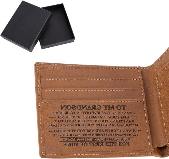Portafoglio in pelle con incisione e frasi di buona sorte, personalizzato - Marrone - Uomini - Bambini
