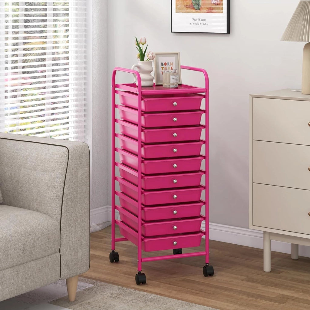 Carrello Portaoggetti con 10 Cassetti Impilabili, Struttura in Metallo e Ruote Bloccabili, Organizer Multiuso per Cucina e Ufficio