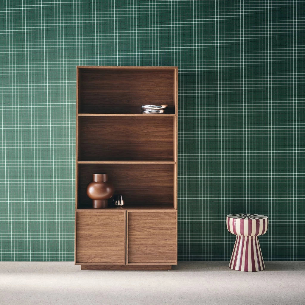 Libreria effetto legno con 2 ante a 5 livelli, noce