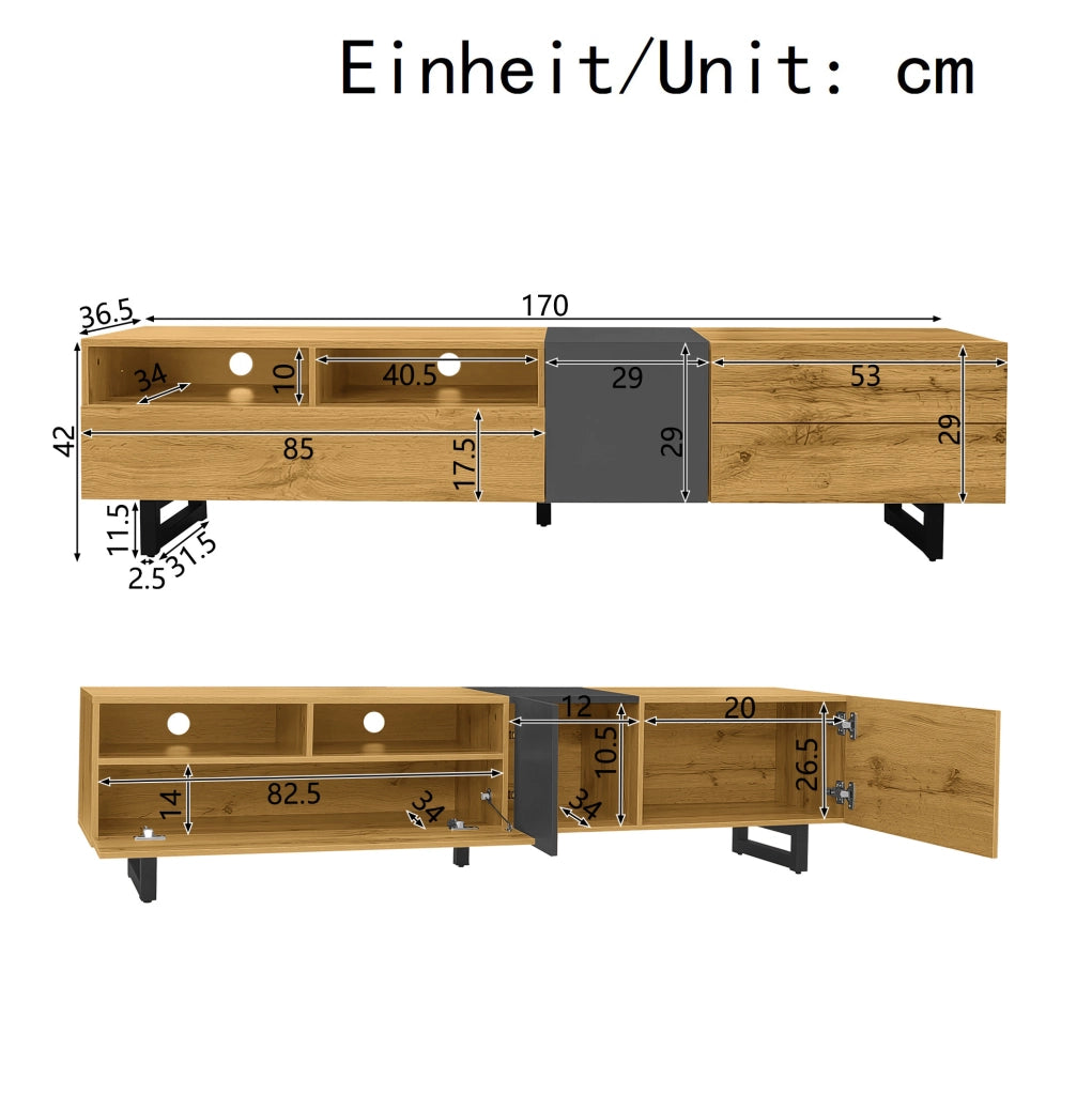 Mobile TV 170 cm in legno e grigio scuro con 3 ante e 2 vani aperti