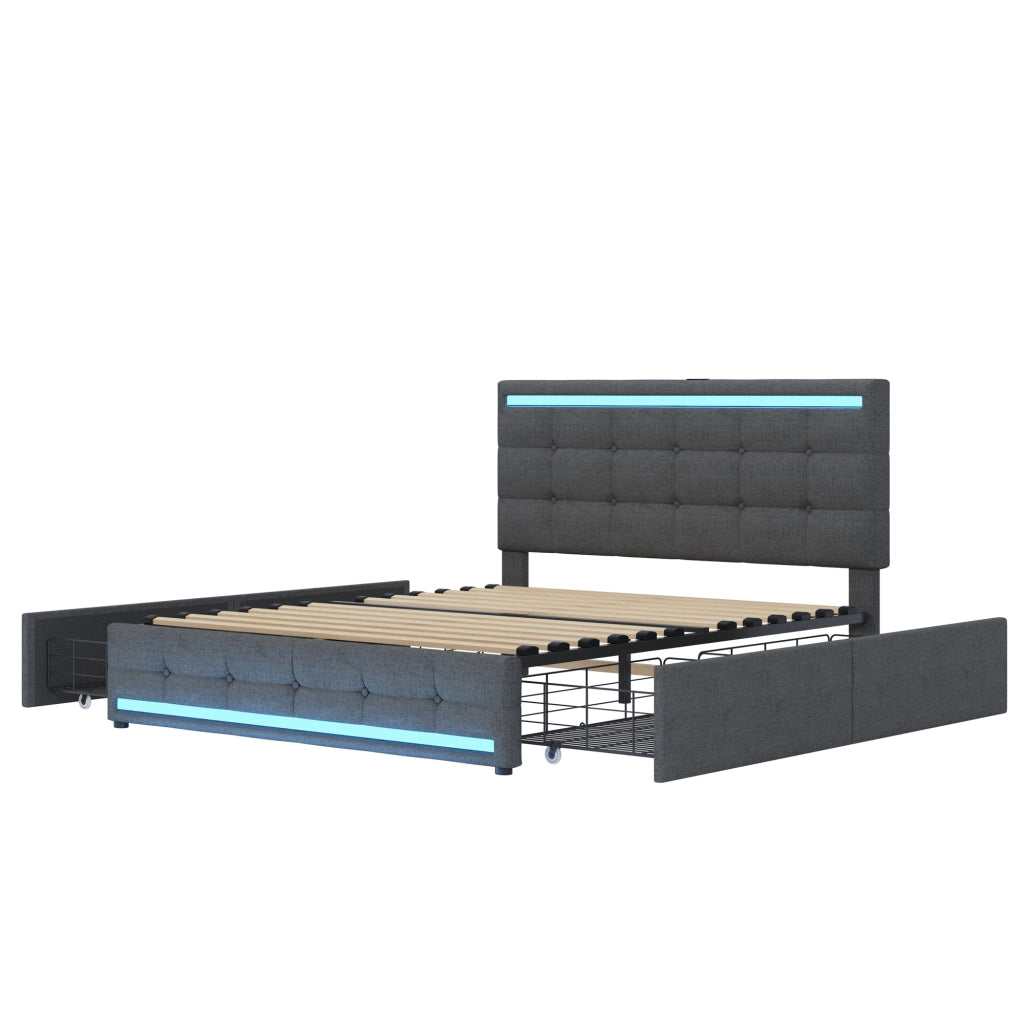 Letto imbottito con LED - Zephmum- 140x200 cm - Grigio - 4 cassetti, 2 porte USB, testiera LED