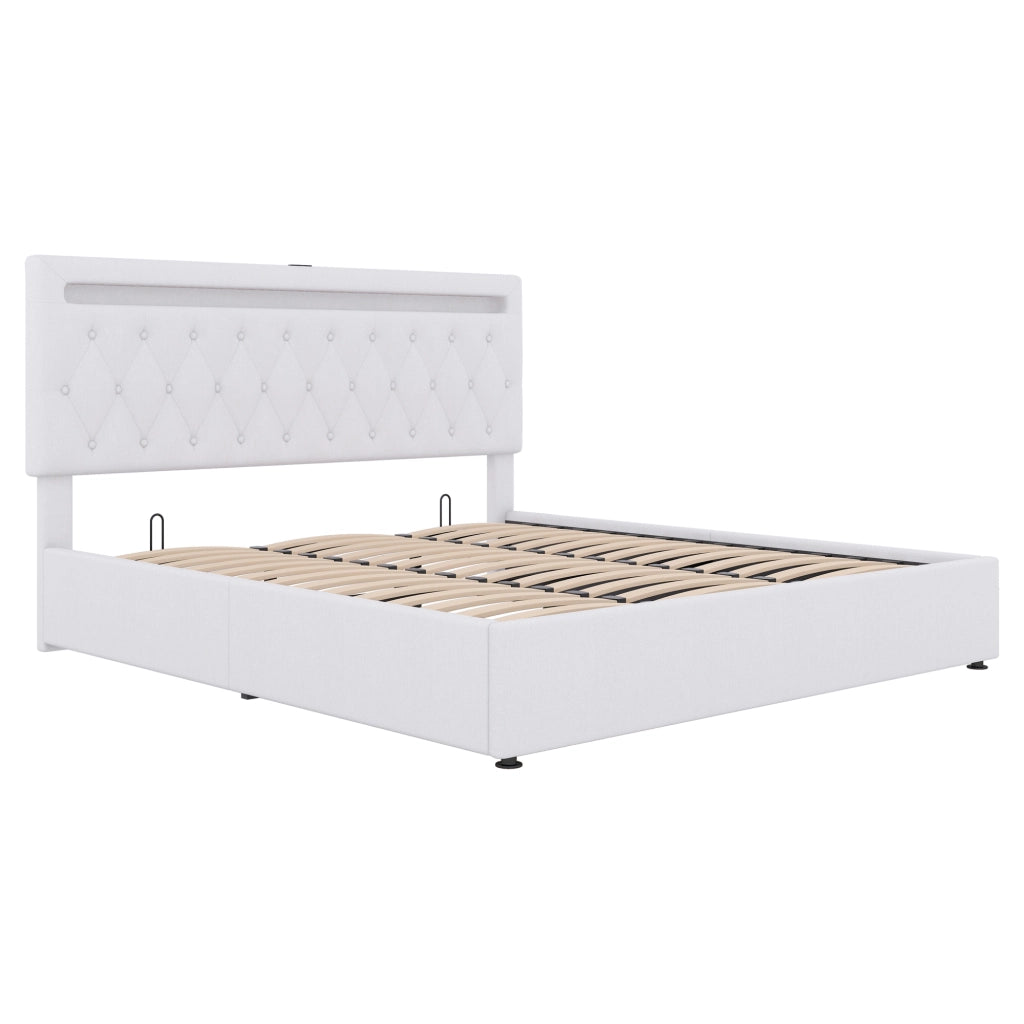 Letto Contenitore 180x200 cm; Letto Matrimoniale; USB; LED; in Lino e MDF; Bianco