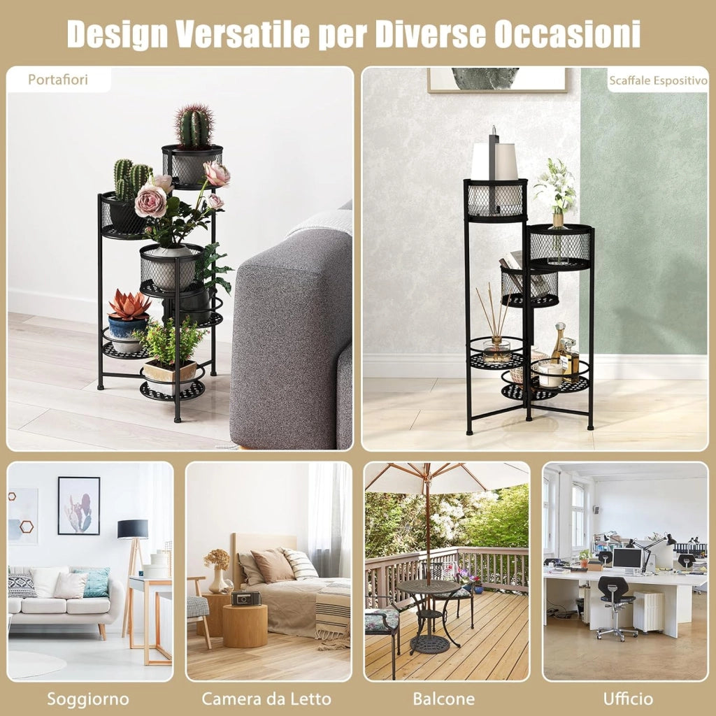 Porta Piante da Interno Pieghevole, Scaffale per Piante e Fiori in Metallo a 6 Livelli,Porta Vasi Salvaspazio da Balcone e Salotto, 41 x 39 x 82 cm (Nero)