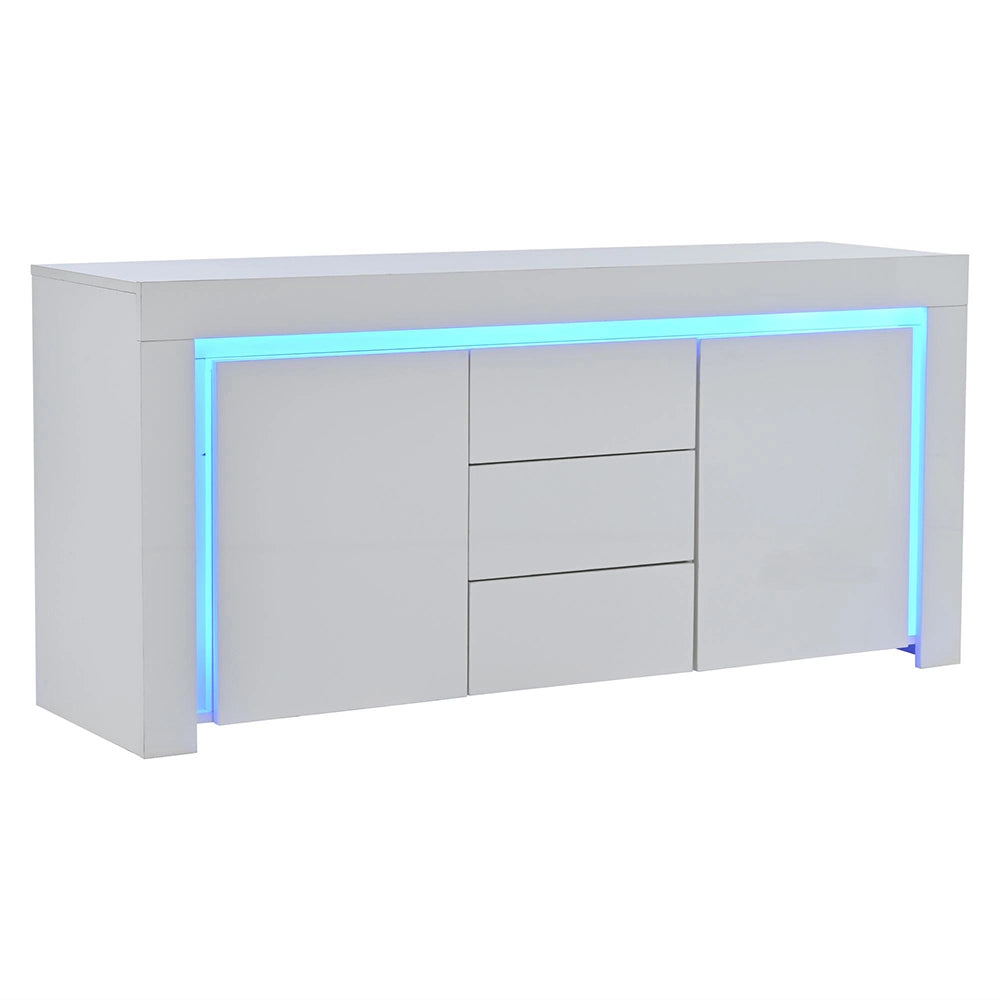Credenza Soggiorno 140x40x65cm - Xylo - 3 Cassetti e 2 Ante Lucide con LED, Bianco