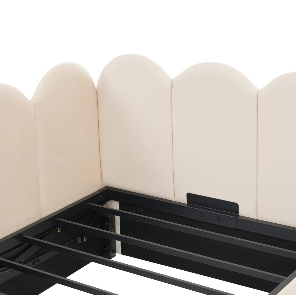Letto giorno 90x190 cm in velluto beige con contenitore idraulico e struttura in metallo