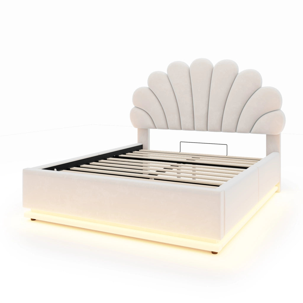 Letto imbottito beige 140 x 200 cm con vano contenitore e luci LED