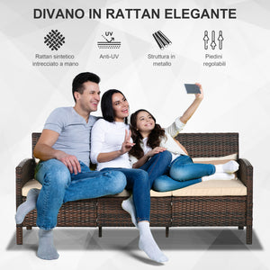 Divano 3 Posti da Esterno 173x68x78 cm con Cuscini Imbottiti e Sfoderabili in Rattan PE Marrone