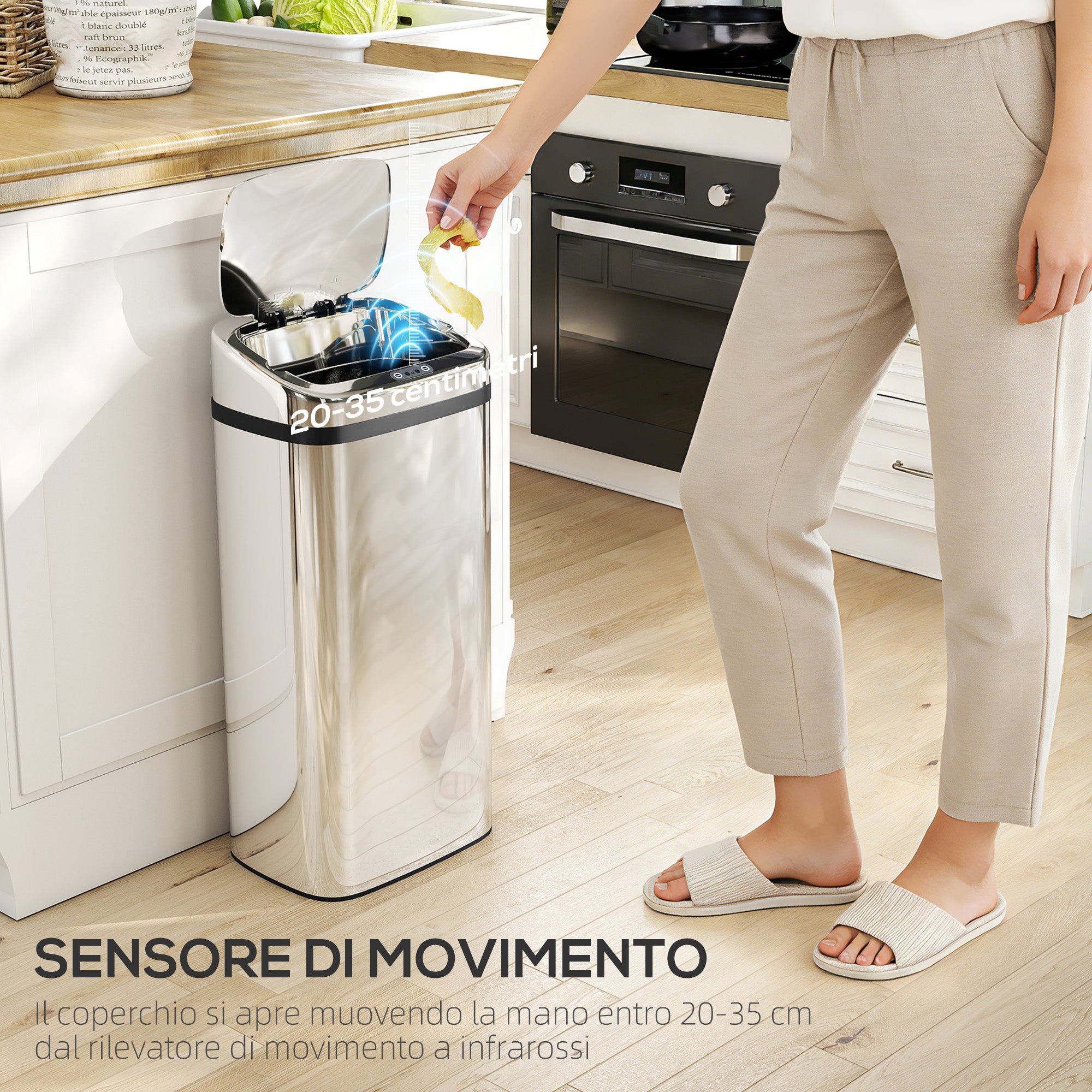 Bidone per Rifiuti da 40L con Sensore per Apertura e Chiusura Automatica 33x25x70 cm in ABS e Acciaio Inox Argento