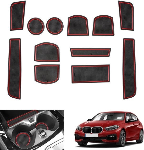 Accessori per BMW 1 Serie F40 2019-2024 (Trasmissione automatica) Mattoncini antislip, Mattonelle antislip in gomma per console centrale e contenitore per bicchieri, Deurnaadmatten per BMW 1 Serie F40, Accessori per BMW 1 Serie F40 (Rosso)