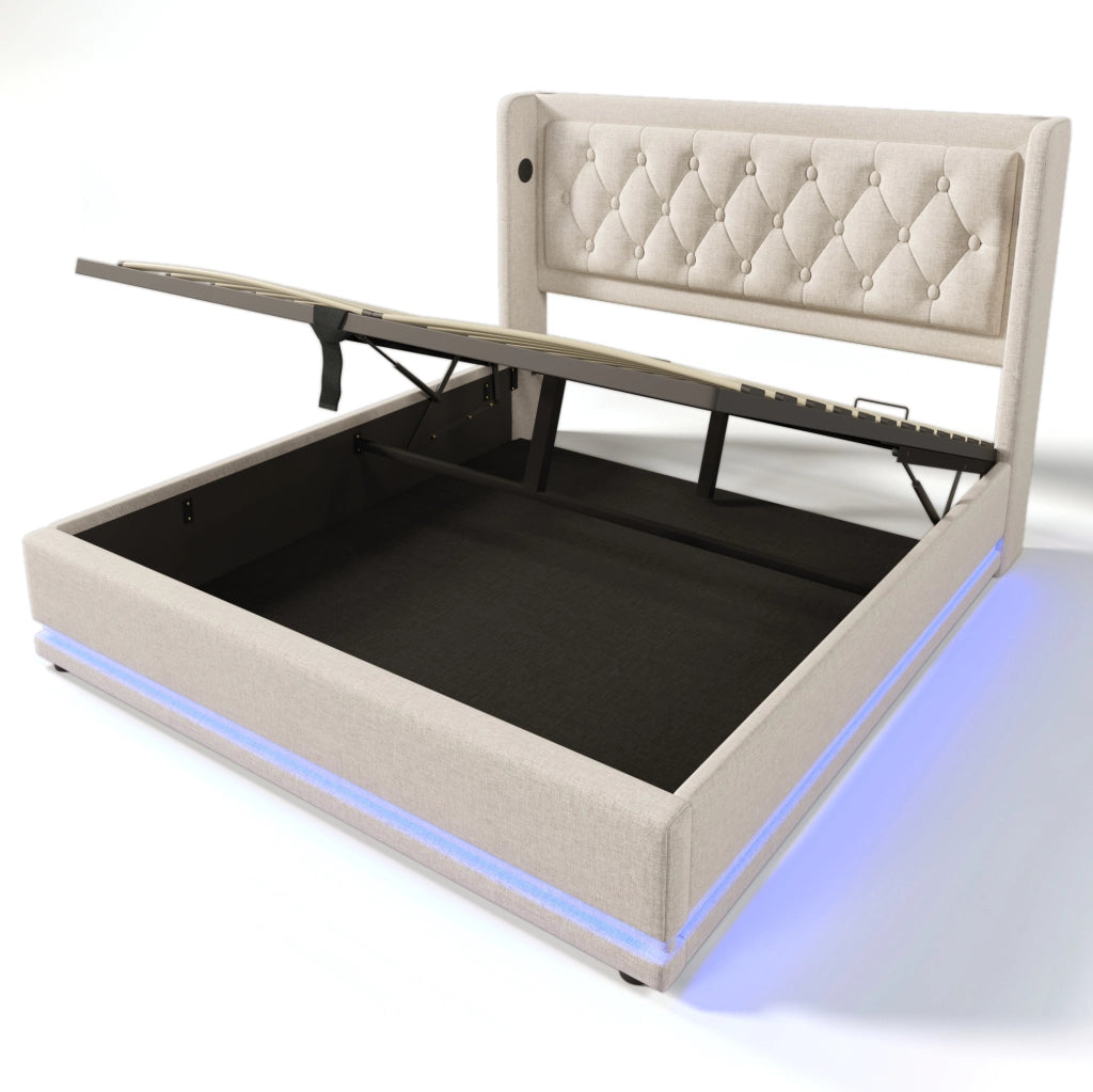 Letto matrimoniale imbottito 140x200 con contenitore, LED e porte USB/Type-C