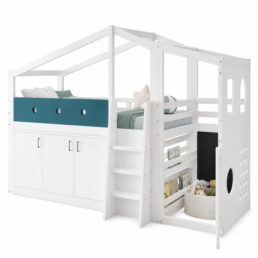 Letto a Soppalco 90 x 200 cm - Casetta; Armadio Contenitore e Scala - Bianco
