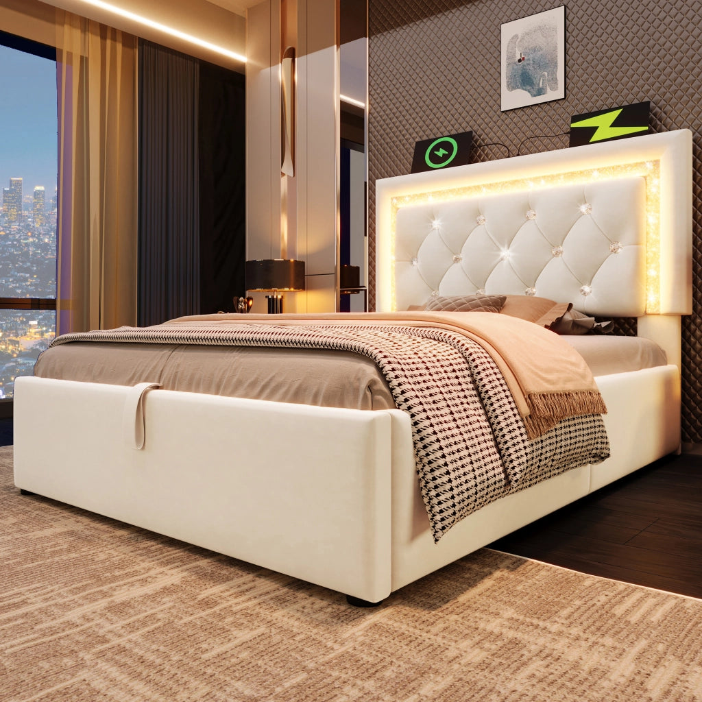 Letto singolo 90x200 cm in velluto beige con LED; USB e contenitore idraulico