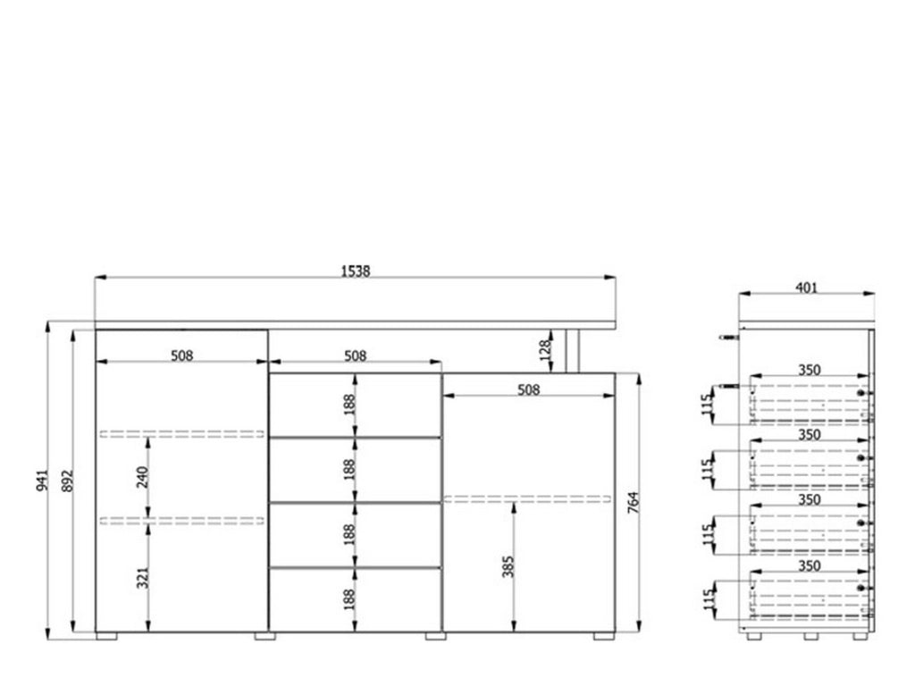 Madia Levate, Credenza 4 Cassetti, 154x40x94h cm Bianco