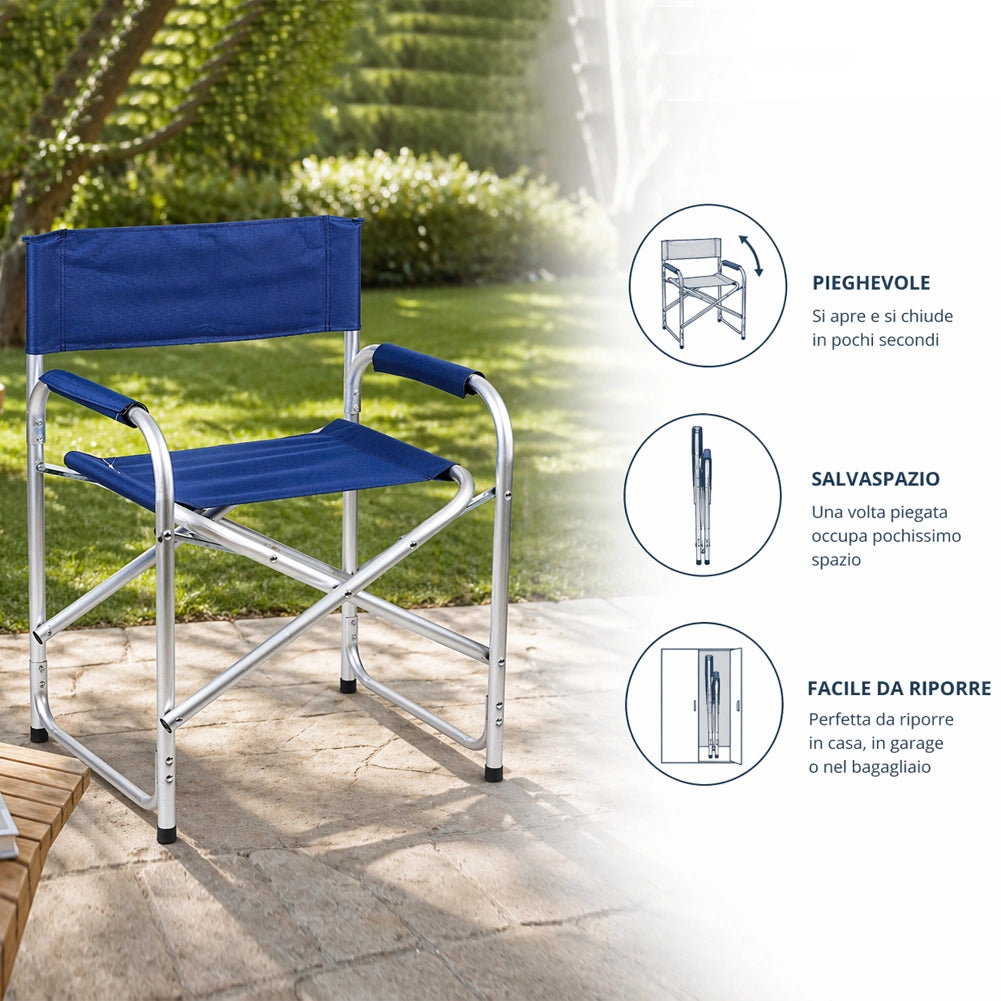 Sedia Regista Struttura in Alluminio Rivestimento Tessuto Oxford Blu 57x48x78cm