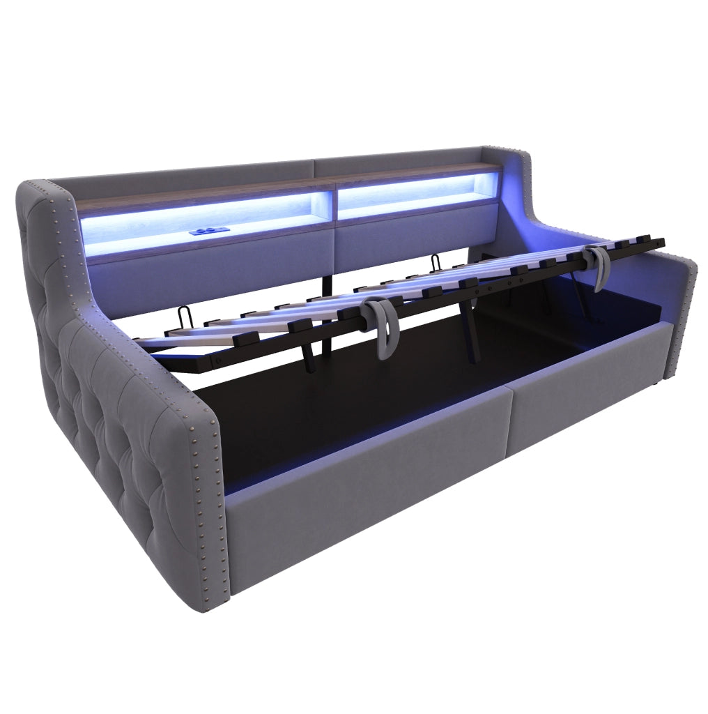 Divano letto 90x200 cm con contenitore, LED, USB e USB-C in velluto grigio
