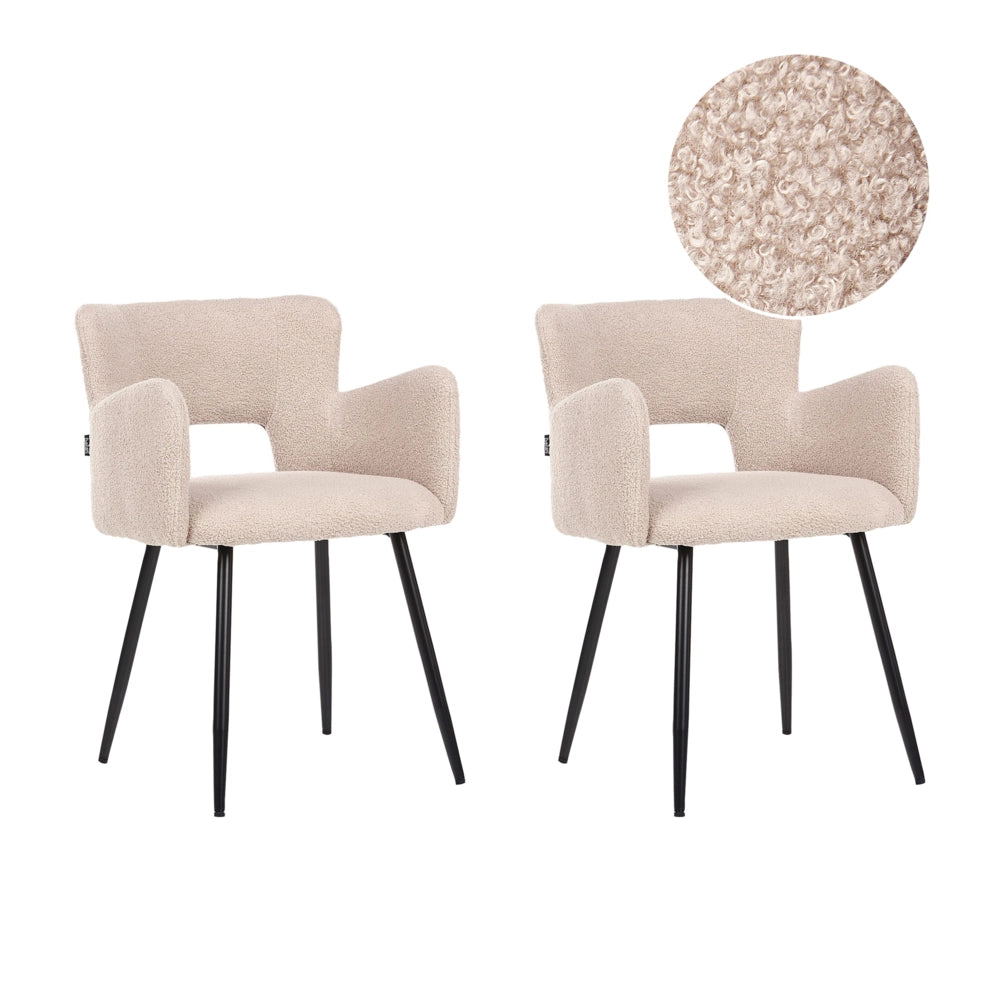 Set di 2 sedie Sedia da pranzo in bouclé beige con braccioli Schienale ritagliato Gambe in metallo nero