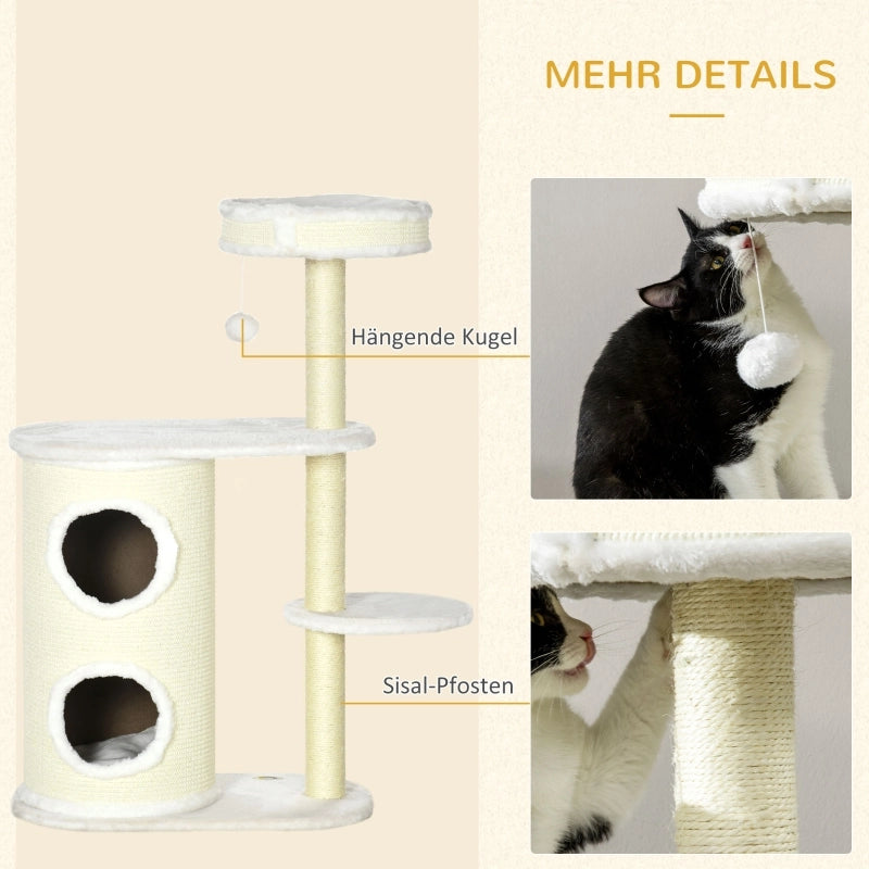 Tiragraffi per gatti con cilindro, 1 cuccia e giocattoli per gatti, 59 cm x 35 cm x 100 cm, bianco crema