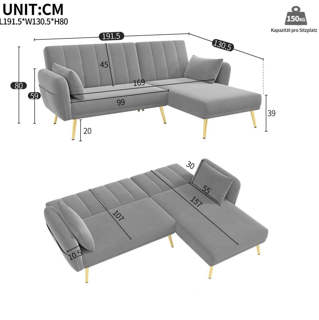 Divano angolare multifunzionale con funzione letto; chaise longue reversibile; 191;5x130;5x80 cm; grigio