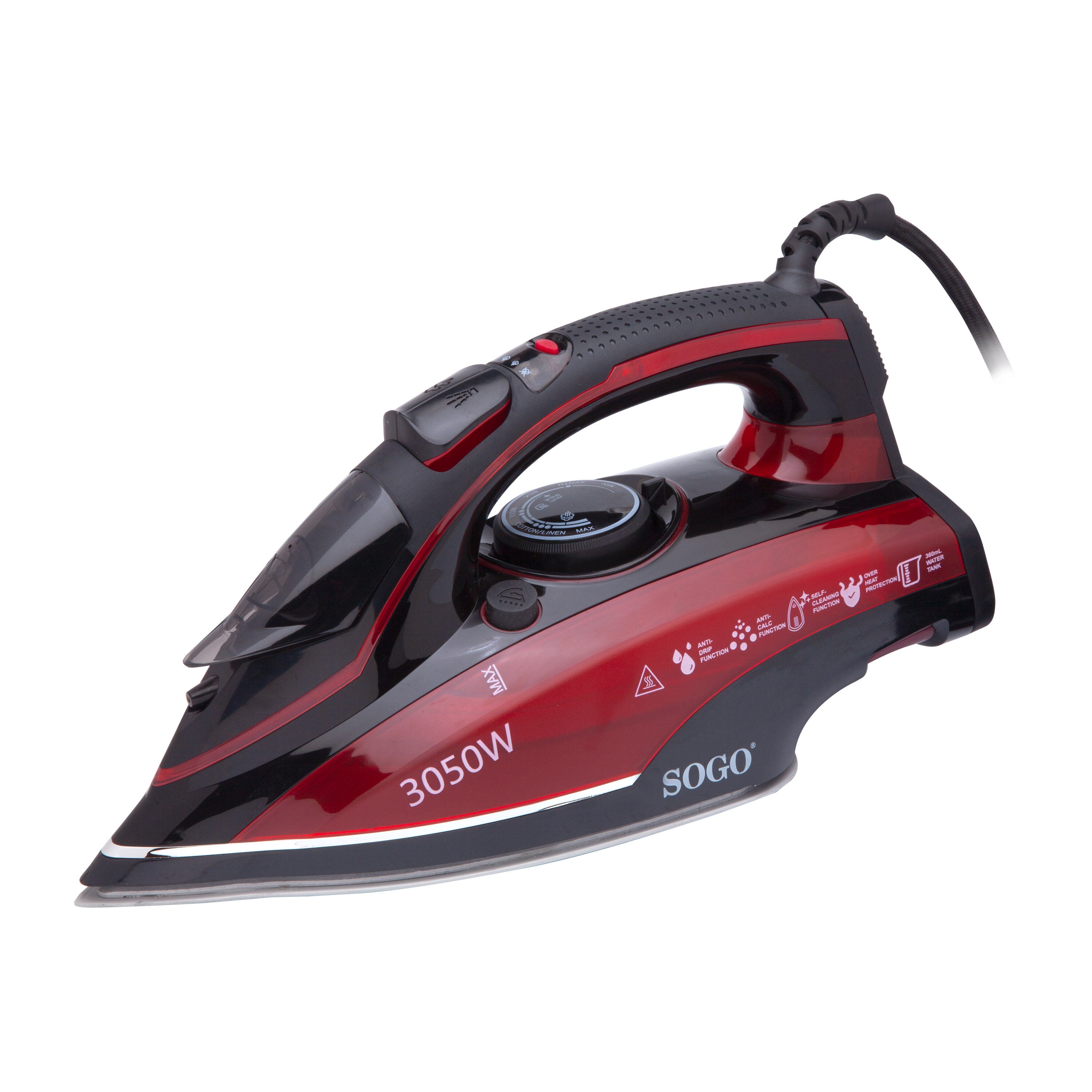SOGO Ferro da Stiro a Vapore 3050W – Piastra Ceramica, Vapore Regolabile 70g/min, Serbatoio 360ml, Anti-Goccia, Anti-Calcare, Sensore Movimento