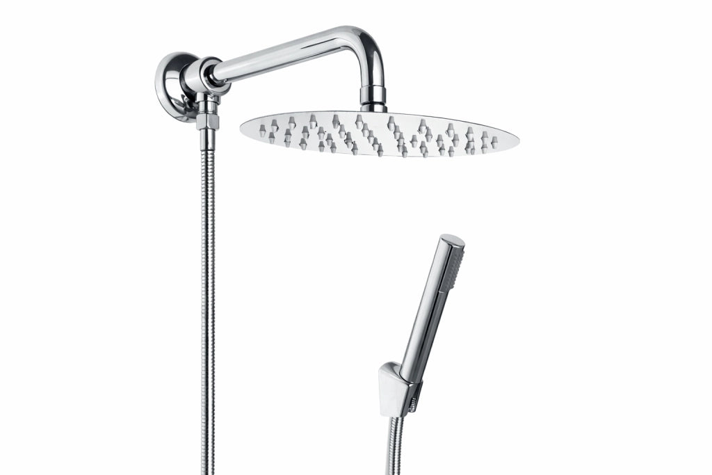 Kit set doccia deviatore a pressione con doccetta tonda, soffione 20 cm braccio 30 cm
