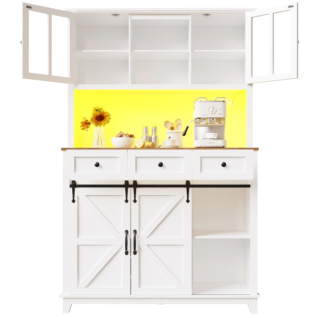 Credenza Alta da Cucina con Ante in Vetro; Ripiani Regolabili e LED; per Cucina; Bianca; 105x38;4x180 cm